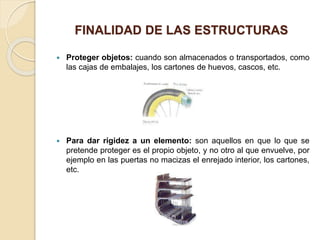 FINALIDAD DE LAS ESTRUCTURAS
 Proteger objetos: cuando son almacenados o transportados, como
las cajas de embalajes, los cartones de huevos, cascos, etc.
 Para dar rigidez a un elemento: son aquellos en que lo que se
pretende proteger es el propio objeto, y no otro al que envuelve, por
ejemplo en las puertas no macizas el enrejado interior, los cartones,
etc.
 