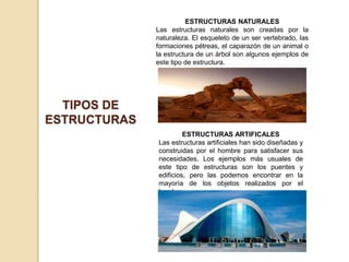 TIPOS DE
ESTRUCTURAS
ESTRUCTURAS NATURALES
Las estructuras naturales son creadas por la
naturaleza. El esqueleto de un ser vertebrado, las
formaciones pétreas, el caparazón de un animal o
la estructura de un árbol son algunos ejemplos de
este tipo de estructura.
ESTRUCTURAS ARTIFICALES
Las estructuras artificiales han sido diseñadas y
construidas por el hombre para satisfacer sus
necesidades. Los ejemplos más usuales de
este tipo de estructuras son los puentes y
edificios, pero las podemos encontrar en la
mayoría de los objetos realizados por el
hombre.
 