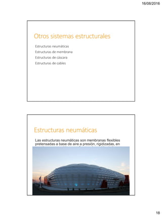 16/08/2016
18
Otros sistemas estructurales
Estructuras neumáticas
Estructuras de membrana
Estructuras de cáscara
Estructuras de cables
Estructuras neumáticas
Las estructuras neumáticas son membranas flexibles
pretensadas a base de aire a presión, rigidizadas, en
ocasiones, por cables que, frente a la acción de las
cargas exteriores, desarrollan esfuerzos de tracción, por
lo que constituyen una estructura muy ligera.
 