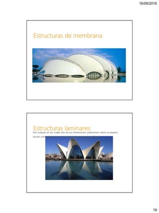 16/08/2016
19
Estructuras de membrana
Estructuras laminaresSon cuerpos en los cuales dos de sus dimensiones predominan sobre su espesor.
Actúan principalmente por su continuidad estructural y su forma.
 