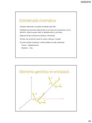 16/08/2016
24
Coordenada cinemática
Concepto relacionado con grados de libertad (gdl) (dof).
Posibilidad de movimiento determinado en los nudos de una estructura o de un
elemento, donde se puede medir un desplazamiento o una fuerza.
Depende del tipo de estructura (Continua o Articulada)
No tiene una convención previa en cuanto a dirección o sentido.
El usuario declara la dirección o sentido positivo de cada coordenada
Fuerza --- Desplazamiento
Momento --- Giro
Elemento genérico en el espacio
1
2
3
4
5
6
7
8
9
10
11
12
 