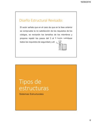 16/08/2016
6
Diseño Estructural Revisado:
El autor señala que en el caso de que en la fase anterior
se compruebe la no satisfacción de los requisitos de los
códigos, se revisarán los tamaños de los miembros y
propone repetir los pasos del 3 al 5 hasta satisfacer
todos los requisitos de seguridad y utilidad.
Tipos de
estructuras
Sistemas Estructurales
 