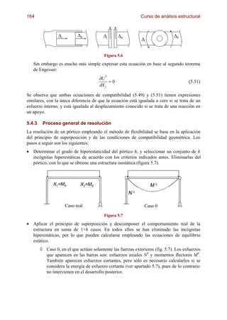 164                                                          Curso de análisis estructural



                 'i         'd           'i      'd                            'd
                                                             'i


                                          Figura 5.6

   Sin embargo es mucho más simple expresar esta ecuación en base al segundo teorema
   de Engesser:
                                       ∂U *
                                            =0                                        (5.51)
                                       ∂X j

Se observa que ambas ecuaciones de compatibilidad (5.49) y (5.51) tienen expresiones
similares, con la única diferencia de que la ecuación está igualada a cero si se trata de un
esfuerzo interno, y está igualada al desplazamiento conocido si se trata de una reacción en
un apoyo.

5.4.3    Proceso general de resolución
La resolución de un pórtico empleando el método de flexibilidad se basa en la aplicación
del principio de superposición y de las condiciones de compatibilidad geométrica. Los
pasos a seguir son los siguientes:
• Determinar el grado de hiperestaticidad del pórtico h, y seleccionar un conjunto de h
  incógnitas hiperestáticas de acuerdo con los criterios indicados antes. Eliminarlas del
  pórtico, con lo que se obtiene una estructura isostática (figura 5.7).



              X1=MA          X2=MB                                M0
                                                       N0

                      Caso real                                Caso 0
                                          Figura 5.7

• Aplicar el principio de superposición y descomponer el comportamiento real de la
  estructura en suma de 1+h casos. En todos ellos se han eliminado las incógnitas
  hiperestáticas, por lo que pueden calcularse empleando las ecuaciones de equilibrio
  estático.
        ◊ Caso 0, en el que actúan solamente las fuerzas exteriores (fig. 5.7). Los esfuerzos
          que aparecen en las barras son: esfuerzos axiales N0 y momentos flectores M0.
          También aparecen esfuerzos cortantes, pero sólo es necesario calcularlos si se
          considera la energía de esfuerzo cortante (ver apartado 5.7), pues de lo contrario
          no intervienen en el desarrollo posterior.
 