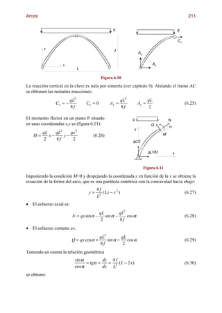 Arcos                                                                                                  211

                                                   q                                             q

                                                                                                 Cx
         y
                                                    f                Ay


                    x                                                         Ax
                               L

                                            Figura 6.10

La reacción vertical en la clave es nula por simetría (ver capítulo 9). Aislando el tramo AC
se obtienen las restantes reacciones:
                         qL2                               qL2              qL
                Cx = −             Cy = 0        Ax =                Ay =                             (6.25)
                         8f                                8f                2

El momento flector en un punto P situado                         q                       N
en unas coordenadas x,y es (figura 6.11):                                     Q          α
                                                                 y
      qL    qL2    qx 2
   M=    x−     y−                    (6.26)                                         M
       2    8f      2                                            qL/2

                                                                            qL2/8f           x



                                                                          Figura 6.11

Imponiendo la condición M=0 y despejando la coordenada y en función de la x se obtiene la
ecuación de la forma del arco, que es una parábola simétrica con la concavidad hacia abajo:
                                         4f
                                    y=      ( Lx − x 2 )                                              (6.27)
                                         L2
• El esfuerzo axial es:
                                            qL         qL2
                          N = qx sin α −       sin α −     cos α                                      (6.28)
                                             2         8f
• El esfuerzo cortante es:
                                            qL2         qL
                          Q = qx cos α +        sin α −    cos α                                      (6.29)
                                            8f           2
Teniendo en cuenta la relación geométrica
                           sin α         dy 4 f
                                 = tgα =   =    ( L − 2 x)                                            (6.30)
                           cos α         dx L2
se obtiene:
 