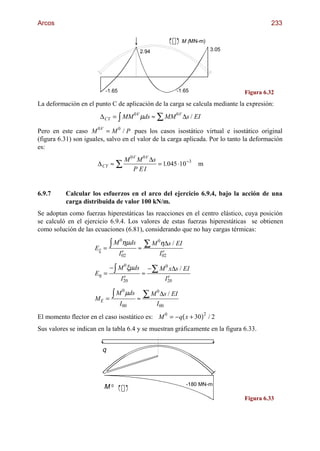Arcos                                                                                                 233

                                                                     M (MN-m)
                                             2.94                                     3.05




                          -1.65                                    -1.65                     Figura 6.32
La deformación en el punto C de aplicación de la carga se calcula mediante la expresión:

                                  I
                       ∆ CY = MM 0V µds ≈ ∑ MM 0 V ∆s / EI

Pero en este caso M 0 V = M 0 / P pues los casos isostático virtual e isostático original
(figura 6.31) son iguales, salvo en el valor de la carga aplicada. Por lo tanto la deformación
es:
                                       M 0 V M 0 V ∆s
                       ∆ CY ≈ ∑                       = 1.045 ⋅10 −3         m
                                           P EI


6.9.7     Calcular los esfuerzos en el arco del ejercicio 6.9.4, bajo la acción de una
          carga distribuida de valor 100 kN/m.
Se adoptan como fuerzas hiperestáticas las reacciones en el centro elástico, cuya posición
se calculó en el ejercicio 6.9.4. Los valores de estas fuerzas hiperestáticas se obtienen
como solución de las ecuaciones (6.81), considerando que no hay cargas térmicas:

                     Eξ =
                            I   M 0ηµds
                                   e
                                  I02
                                            ≈
                                                ∑ M 0η∆s / EI
                                                         e
                                                        I02


                     Eη =
                             I
                            − M 0ξµds
                                       e
                                      I20
                                                ≈
                                                    − ∑ M 0 x∆s / EI
                                                              e
                                                             I20


                     ME =
                            I   M 0 µds
                                  I00
                                            ≈
                                                ∑ M 0 ∆s / EI
                                                       I00
El momento flector en el caso isostático es: M 0 = − q x + 30        0        5   2
                                                                                      /2
Sus valores se indican en la tabla 6.4 y se muestran gráficamente en la figura 6.33.


                        q



                                                                         -180 MN-m
                         M0
                                                                                             Figura 6.33
 