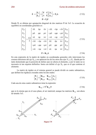 254                                                                               Curso de análisis estructural


                           δ =
                                  % δ ( = T 0  % ∆ ( = T ∆
                                  δ ) ! 0 T#$∆ )
                                       I                         I

                                  ' *  J         ' *             J
                                                                             2                                       (7.52)

                                               P = T2 F
Donde T2 se obtiene por agrupación diagonal de dos matrices T de 3x3. La ecuación de
equilibrio en coordenadas generales es:
               %F
               KF
                IX    (  λλ
                      K
                                       λµ         λν       − λλ         − λµ      − λν #% ∆
                                                                                          K    IX   (
                                                                                                    K
               K      K     µλ         µµ         µν       − µλ         − µµ      − µν # K ∆        K
               KF
                IY
                      K                                                                 #K     IY
                                                                                                    K
               K      K EA νλ                                                     −νν # K ∆         K
               K
               FIZ   K=
                      ) L −λλ
                                       νµ         νν       −νλ          −νµ
                                                                                        ##K
                                                                                              IZ   K
                                                                                                    )
               K      K                                                            λν K∆            K
                                                                                                                     (7.53)

               KF
                JX
                      K
                                      − λµ        − λν     λλ            λµ
                                                                                         #K    JX
                                                                                                    K
               K      K                                                            µν # K∆          K
               KF     K
                           − µλ       − µµ        − µν     µλ            µµ
                                                                                         #K         K
                                                                                   νν # K ∆
                JY                                                                             JY

               K
               'JZ    K ! −νλ
                      *                −νµ        −νν      νλ           νµ               $'    JZ   K
                                                                                                    *
                                              F = KG ∆                                                               (7.54)
En esta expresión de la matriz de rigidez en coordenadas generales sólo intervienen los
cosenos directores del eje XL, y no aparecen los de los otros dos ejes YL y ZL. Queda por lo
tanto demostrado que la posición de dichos ejes no afecta al elemento, y por lo tanto no es
necesario ni tan siquiera definirlos: basta con definir el eje XL, que es el que contiene al
elemento.
       La matriz de rigidez en el sistema general se puede dividir en cuatro submatrices,
que definen las rigideces cruzadas entre los dos nudos:
                             %F ( = K
                             F ) !K                             #%∆ (
                                                                  $ ∆ )
                                  I             GII      K GIJ          I

                             ' *  J             GJI      K GJJ      ' * J
                                                                                                                     (7.55)

Cada una de estas cuatro submatrices tiene la expresión:
                                           K Gij = T T K Lij T                                                       (7.56)

que es la misma que en el caso plano, al ser matricial, aunque las matrices K Lij son ahora
de tamaño 3x3.

                                      ∆JY         ∆JX                                                   FJY
                                                                                                                    FJX
                YG                                                                                            FJZ
                                            ∆JZ


         ∆IY                                                           FIY
      ∆IZ                     XG                                 FIZ
                     ∆IX                                                         FIX
        ZG

                                                   Figura 7.9
 
