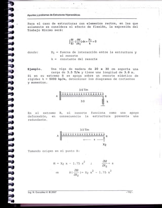 Apuntes y problemas de Estructuras Hiperestáticas
Para el caso de estructuras con elementos rectos' en las que
solamente se considera el efecto de flexión, la expresión del
Trabajo Minimo será:
donde:
EjempJ.o.
Si en su
rigidez k
y momentos
Una viga
carga de
extremo B
= 5000 kp,/m,
de madera de
3.5 T,/m y tiene
se apoya sobre
determinar fos
Xt=
1- _
tI.r![r ¿, * 11 = o
JEI 'áXl ' k
fuerza de interacción
e1 resorte
constante deI resorte
entre la estructura y
20 x 30 cm soporta una
una longi-tud de 3.0 m.
un resorte eIástico de
diagramas de cortantes
En el extremo
deformable, €o
redundante.
3.5 T/m
B, el resorte
consecuencia 1a
funcj-ona como una apoyo
estructura presenta una
Tomando origen en el punto B:
M:Xzx* 1 ?( .,
dtvl
AM
oxz
3.5 T/m
lng. N. González V. @ 2007
- A.
'J
Á
112 -
 