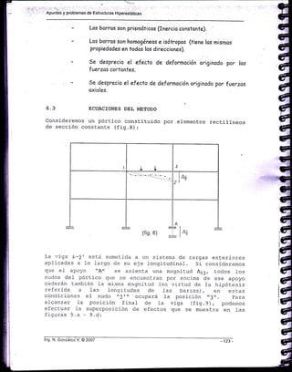 ': a, '.
Apunles y problemas de Estructuras Hiperestát¡cas
IE
á.J
E.§
G
G.
é
6
€
€
€
€
e
e
e
e
q
C
i{C
C
C
C
G
,G
iG
G
ie
'é
é
lé
iGt
G
G
É
e
é
á
Los borros son prismáticos (fnercia constonte).
Los borros son hornogéneos e isótropos (tiene los mismos
propiedodes en lodos los direcciones).
Se desprecia el efecto de deformoción originodo por
fuerzos cortontes.
los
5e desprecio el efecto de deformoción originodo por fuerzos
oxioles.
6. ECUACIONES DEL METODO
consideremos un pórtico constituido por elementos rectilineos
de sección constante (fig.B):
(rjg. B)
La .:iga i-jr está someticla a un sistema de cargas exterior:es
aplicacias a l-o largo de su eje 1ongitudinal. Si consideramos
que ef apoyo "A,' se asienta una magnitud Aii, todos los
nudos del pórtico que se encuentran por encima de ese apoyo
cederán ta¡¡bién 1a misma m.agnitucl (en virtud de ra hipótesi-s
referica a 1as longituCes de l-as barras), en esLas
conciiciones eI nuclo rr j r I' ocupará la posición " j " . para
alcanzar la posición final cle la viga (fig.9) , podemos
efectuar fa superposición de efectos que se muestra en fas
fi-guras 9.a - 9.d:
I
,l
I
:
rl
I
I
r
lng. N. González V. @ 2007
 