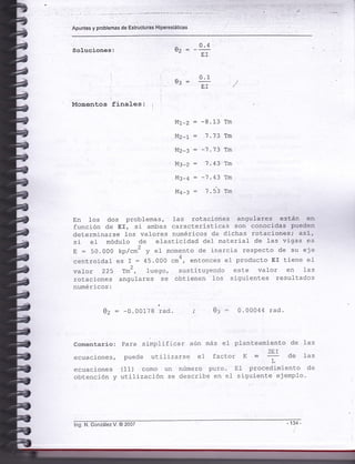 ¡
Apuntes y problemas de Estructuras Hipere§tát¡cas
soluciones:
Momentos finales: r
Comentario:
ecuaciones,
ecuaciones
obtención y
Mt-z: -8.13 Tm
N12-1 : 7.?3 Tm
!12-3: -?.73 Tm
?.43 Tm
- 0.4
U" : --¡, I
03:
Mz-z
M:-q
MS -:
0.1
EI
A1
53
Tm
Tm
En los dos problemas, 1as rotaciones angulares están en
función de EI, si ambas caracteristicas son conocidas pueden
determínarse los valores numéricos de dichas rotaciones,' asi,
si eI móCulo de elasticidad del- material de las vi-gas es
1
E = 50.000 kp/cm'y.I mcmento de ir,ercia respecto de su eje
centroidal es I:45.000 cm4, entonces el producto Er tiene ef
)
val-or 225 Tm", Iuego, sustituyendo este valor en fas
rotaciones angulares se obtienen los siguientes re-sultados
numéricos:
0z : -0.00178 rad 0: : 0.00044 rad.
Para simplificar aún más el planteamiento de las
puede utiLizarse ef factor K = 4l de las
T,
(11) corno un número pui.o. Et procecltmiento de
utilización se describe en eI sigulente elemp1o.
lng. N. González V. @ 2007
111
 