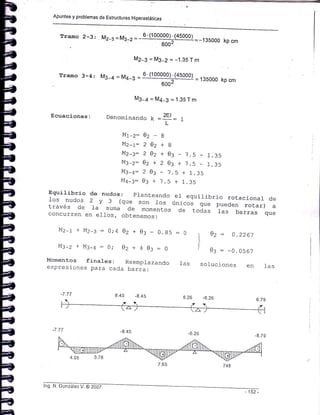Apuntes y problemas de Estructuras H¡p€restáticas
h
hr
ts?.
Fá
b
b
H
ta
bbF.
h.
bb
ho
b
b
ho
ho
bá
Ir
1f,
á
=l
=ü
É
=o
EÜ
-ü
-ü
Tramo 2-3: Me_¡=Ms_Z=
Tramo
Eeuaciones:
6 .(1 00000) . (45000)
6oo2
-135000 kp cm
Mz-3=Ms-z=-1.3srm
3-4: Mg-¿ = M¿-3 =
6 (1000!01:(45000)
= 1ss000 kp cm
6oo¿
Mg-¿ = M¿-s = 1.3s r m
Denominando ¡ ::El= 1
L
Ivlr -o= A. - o
Mz-t=202+B
Mz-r202+03-]..S-1.3s
Mt-z-02+203+7.5_1.35
M=-q: 2 0: - ?.5 + 1.35
!Ia-3: g, + 7.5 + 1.35
Eguilibrio de nudos: pr-anteando er- eguilibrio rotacional de1os nudos 2 y 3 (q,re son los,:.,:..o" que pueden rotar) através de l-a suma de momentos de toáas
.Ias
La..as queconcurren en e11os, obtenemos:
I'12-1 +Mz-::0;402 *0:-O.eS=0
I 02:0.2261
l.
i"I3-2 + M:-s : o; 02 + 4 0: = o ] ,, = _o.os67
Momentos finales: Reemplazando las sol-uciones 6n r - _
expresiones para cada barra:
vv4qurvrrcr srr ads
-7.77 8.45 -8.45 6.26 _6.26 8.79
,ta ,
".
, y
-7.77
lng. N. conzález V O ZOOZ
 
