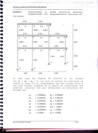 Apuntes y problemas de Estructuras Hiperestát¡cas
t_
I
ü
t
a
a
a
a
a
a
t
il
ü
?
iD
e
a
a
ü
e
a
a
a
a
a
a
a
=ti)
=t
=,e
q
<,
{t
Ejemplo:
Ios pisos.
Analizaremos la
despreciando l-os
misma estructura anterior,
desplazamientos laterales de-
6 T/m
6 T/m
96
o.35 I
6 T/m
10 7.2 11
;
0.35 1r i. 0.35 I
!:
6 T/m
1
56
o80 l
6 T/m
" 7.2
0.80 I 0_8 I
6 T/m
7
7.2
6 T/m
8
0-80 I
b
1.20 I
12
1.20 I
13
7_2
1.20 I 1.20 I
14
3.50
4.00
4.00
2.00
4.00 6.00
En este caso ]os ángulos de rotación cle las cuercias
son Qt : Qz = Q3 = 0, con ello eI sist.ena de ecuaciones se
reduce al rango 11 x 11, eliminándose Las tres úiltimas filas y
Ias tres últir¡,as colunnas de fa matri-z cie coeficientes del
problema anterior. Con esas conciiciones las soluciones del
sistema son:
01
03
05
0z
0e
oll
Q2
= 0.800928 ,
= 0.404439 ;
= 0.876752 i
= 0.709905 ;
= 0.433618 ;
= -4.265688 ;
= 0.0000 ;
0z = 0.520622
0a = -2.593727
06 = 0.426757
0B = -3.333265
010 = 1.3663
91 = 0.0000
a3 = 0.0000
lng. N, Gonzále¿ V. @ 2007
 