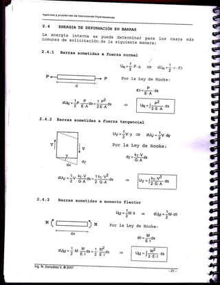 A[ruIttss y ptuutcillir§ ue csuuurutas nt¡Jete§táuua§
2.4 ENERGIA DE DEFORI,ÍACIóN EN BARRAS
La energía interna se puede determinar para 1os casos máscomunes de solicitación áe ta
"iá"ll"a. manera:
2.4.1 Barras sometid.as a fuerza norma]-
,|
Uru=j.e a ::> dui{=i.,-.cl
Por la Ley de Hooke:
fuerza tangencial
u, =*r., =) duy =1y.6,
Por 1a Ley d.e Hooke:
or=H*
oa==!..0'
o2
u¡¡ =fr..o u"
=i ou¡¡ =
]ur.ce
Hooke:
a ¡nomanto flector
u¡, =
]M
e
Por la Ley de' ( r-------¡) ,
ds
do = -!t ¿.
EI
PE,
¡
I D "^2duN =
áP
.
E;o' =
7ff o.
2.4.2 Barras sometidas a
l,I
dy
2.4.3 Barras sometiCas
or, =*u.g#"=**á
f ,. uv = JlIv' .ds
,* =lrh o'
aunr=*u#0.=j$0.
 