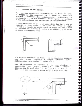 L.2 CONCEPTO DE }ÍUDO COIflITNUO
Para anali-zar estructuras hiperestáticas se deben utilizar,a1 margen de las ecuaciones de la estáticas, otras que
permi-tan estabr-ecer las deformaciones (rotacionales y
traslacionales) de sus elementos constituyentes y utilizardichas defo¡maciones como expresiones a. .on,putitiriaua.
En toda estructura se presentan zonas donde las barras que 1a
componen se unen entre si de forma r-orc1i: j r-:a (hcrrnigón
armado) o a travé.s de dispositivos de unión con posibrliciaci
de rotación (estructuras de madera o metá'r i cas) . E"tu.u zonas
de uni-ón se denominan nudos.'
APUnIUS y lIUUtet[as uc ESUUUtUtá§ n¡petE§rauks
Los estudios realizados en Resistencia de plateri-ares muestran
que las barras someti_das a cargas externas, sufren
deformaciones rotaciona-les y tra.slaci-ona1es.
Las ddformaciones rotaciona.l-es de un nudo continuo se
consideran, sin error apreciabl e, como rotaciones
ortogonales, 1o cual significa que los ejes de cada uaa de
1as barras que concurren aI nudc, giran un ángu1o similar.
lng. N. González V. OZOOZ
 