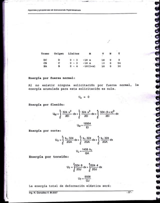 Apuilres y [ruulcillas uc csuuuutá§ nrPsrs§taüEs
G
q
Iq
q
c
é
4q
á !
q
G
C
q
C
!
q
q
{E
G
G
G
G
G
(É
G
q
G
G
á
I
¡
€
VNT
1800
:-8 0 54
18 0 36
Tramo Origea LÍmlEes !,f
DC D 0-3 -18x
CB C 0-2 -18x
BA B 0 - 4 -18(3+x)
EnergÍa por f,qerza uormal:
A1 no existir ning"una soliciE,ación por fuerza normal, Ia
energÍa acumulada para est,a solicit.ación es nu1a.
UN=0
EnergÍa por f1exlón:
3. 324.x2 2,
3%* ¿**}
gz¿.(g+x)2
axuM=J ,Er 'dx+J 2Er '^*J -- 2E:¡
,r=TF
,, 2¡324.9
,...4t3!!d*
'. =
J zo¡
o'*
J-
zc.r -^
.. 5508
ljr=-.GJ
de deformación eIástica
Energía por corte:
u., =t ki.324
dx+t k1.324
dx+t kr.324
o*
'dzGA d2GA d2GA
u., _ 1458.kl
'GA
Energía por Eorsión:
La energía toEal será:
lng. N. González V. @ 2007
€
 