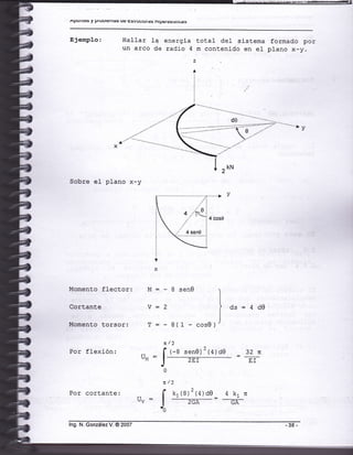 ApuiltE§ y ptuuttsilta§ ue trSuuututa§ ntrJetEstáuE5
Ejemplo: Ha11ar 1a energia
un arco de raCio 4
total del sistema formado por
m contenido en el plano x-y.
de
'' _ __':1:::::::::::::: "::::- '_ _"_'_'
....:::::::..^i::::;'."-"
-
.......
"' -"'¡ y
-"
^kN¿
Sobre el plano x-y
Momento flector:
Cortante
Momento torsor:
Por fLexión:
=-BsenOFJ
T
)."
=4d0
'"=f
B(1 - cosO)
/1
(-B sen0)'(q)a0
2Et
32¡
EI
0
x/2
I r,(g)2ralao
üv= l:=,o
4 krzr
LrA
Por cortante:
 