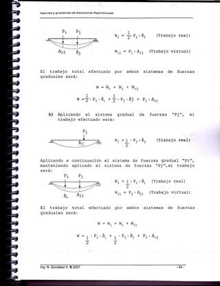 AputtttsS y Ptuurcilras uc c§uuululas nlPtsrcsr¿uÉs
vrj P: .6j (Trabajo real)
. Aij (Trabajo virtual)$I,. = Pr
efectuado por ambos sistemas de fuerzas
1
2
E1 trabajo total
graduales será:
w=
1
w :Z- Pi ,6;.
i.l= + $I. =.) L)
'Pr '6j +
gradual
Sli +
1
+z Pi 'aij
de fuerzas "Pj ", e1
wj:1
Z
P:'61 (Trabajo real)
Aplicando a continuaci-ón
mantenj-endo aplicado eI
será:
D. D.!1
de fuerzas gradual "Pi",
fuerzas "Pj ", e1 trabajo
P:" - 6i (Trabajo real)
'Ajr (Trabajo virtual)
eI sistema
sistena de
Ili
Jr
=1'.;¿
=P.
EI trabajo total efectuado por ambos sistemas de fuerzas
graduales será:
t^]=
wj*
*1
z
1
z
I^]=
'Pi'6t
w. + t¡l-.¡ Jr
.P, .6- + P, ,4,..) ) r rJ
6i Ajl
lng. N. González V. @ 2007
 