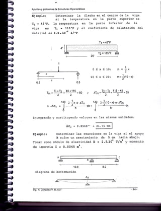 Apuntes y problemas de Estructuras Hiperestáticas
Ejearplo: Determinar 1a flecha en el centro de 1a viga
si 1a temperaEura en 1a parte superior es
Tr = 45oF, 1a temperaEura en Ia parte inferior de 1a
viga es Í2 = 115oF Y e1 coeficiente de dilaEación de1
material es 6.8 * 10-6 17'¡r
I
a-#
T
l:l
-
0.5 0.5
,_ =
T1 +T2 _ 45+115 _ rO ,,fr__ 2
_
2 ,
1zg 2.]x.a.aT¡¡
1'Ac' - I '-
""0'*
0
integrando y sustituyendo valores
20' -
0lx
10<x
< 10:
< )o.
1
2
1
m= '110-x)
2',
- Tr-Tr 115-45"-- '- =35
120 2.1(lo-x).o.trm
I ¿ .d,
Jh
0
en 1as mismas unidades:
Acr=0.8568" =rrr;l
Ejemplo: Determinar 1as reacciones en Ia viga si eI apoyo
B sufre un asenE.ami,enEo de 5 cm hacia abajo.
Tomar como módulo de elasticidad E = 2.5'106 X/mz y momenLo
de inerci? I = 0.0045 ma.
/4. R _A_ l
-.m 77772
10.0
diagrama de deformación
8.0
T1 = 45'F
T2 = 115'F #,
lng. N. González V. @ 2007
 