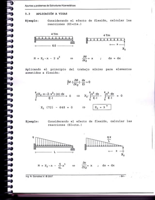 Apuntes y problemas de Estructuras Hiperestáticas
5.3 APTICACION A VIGAS
EJ emplo : Considerando eI efecEo
reacciones (EI=cte. )
de flexión, ealcular Ias
x2
M = xz.x - 2 x2
Aplicando eI principio del
someEidos a flexión:
trabajo mÍnimo
ds=dx
para elementos
EM
oxz
f^r,#, 9=o
EI
6¡(X2 .x - 2.x2).(x)'ox
x2 (72) - 648 = o
*".1*':gr it gl = o
'd E.r d E'l
Ej emplo: Considerando el efecto
reacciones (EI=cte. )
de flexión, calcular 1as
t-
M = Xz.x
AM
axz- ^
q3
6L
4Tlm
t-
lng, N. González V. @ 2007
ds=dx
-84-
 