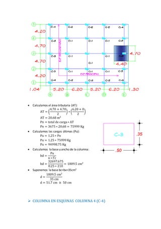  Calculamos el área tributaria (AT):
AT = (
4.70 + 4.70
2
) ∗ (
6.20 + 0
2
)
AT = 20.68 m2
Pn = total de carga∗ AT
Pn = 3675 ∗ 20.68 = 75999 Kg
 Calculamos las cargas últimas (Pu):
Pu = 1.25 ∗ Pn
Pu = 1.25 ∗ 75999 Kg
Pu = 94998.75 Kg
 Calculamos la base y ancho de la columna:
bd =
Pu
n ∗ f′c
bd =
32697.675
0.25 ∗ 210
= 1809.5 cm2
 Suponemos la base bc=bv=35cm2
d =
1809.5 cm2
35 cm
d = 51.7 cm ≅ 50 cm
 COLUMNA EN ESQUINAS COLUMNA 4 (C-4)
 