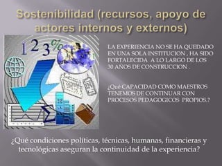 Sostenibilidad (recursos, apoyo de actores internos y externos)LA EXPERIENCIA NO SE HA QUEDADO EN UNA SOLA INSTITUCION , HA SIDOFORTALECIDA  A LO LARGO DE LOS 30 AÑOS DE CONSTRUCCION .¿Qué CAPACIDAD COMO MAESTROS TENEMOS DE CONTINUAR CON  PROCESOS PEDAGOGICOS  PROPIOS.?¿Qué condiciones políticas, técnicas, humanas, financieras y tecnológicas aseguran la continuidad de la experiencia?