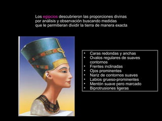 Los egipcios descubrieron las proporciones divinas
por análisis y observación buscando medidas
que le permitieran dividir la tierra de manera exacta
• Caras redondas y anchas
• Ovalos regulares de suaves
contornos
• Frentes inclinadas
• Ojos prominentes
• Nariz de contornos suaves
• Labios grueso-prominentes
• Mentón suave pero marcado
• Biprotrusiones ligeras
 
