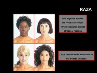 •Facial
RAZA
Para algunos autores
las normas estéticas
varían según los grupos
étnicos y raciales
Otros mantienen la existencia de
una belleza universal
 