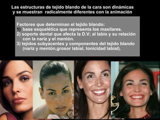Las estructuras de tejido blando de la cara son dinámicas
y se muestran radicalmente diferentes con la animación
Factores que determinan el tejido blando:
1) base esquelética que representa los maxilares.
2) soporte dental que afecta la D.V; al labio y su relación
con la nariz y el mentón.
3) tejidos subyacentes y componentes del tejido blando
(nariz y mentón,grosor labial, tonicidad labial).
 