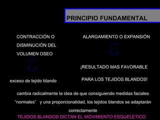 CONTRACCIÓN O
DISMINUCIÓN DEL
VOLUMEN OSEO
ALARGAMIENTO O EXPANSIÓN
exceso de tejido blando
¡RESULTADO MAS FAVORABLE
PARA LOS TEJIDOS BLANDOS!
cambia radicalmente la idea de que consiguiendo medidas faciales
“normales” y una proporcionalidad, los tejidos blandos se adaptarán
correctamente
TEJIDOS BLANDOS DICTAN EL MOVIMIENTO ESQUELETICO
PRINCIPIO FUNDAMENTAL
 