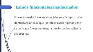 Labios funcionales inadecuados
En ciertas maloclusiones especialmente la biprotrusión
dentoalveolar hace que los labios estén hipotónicos y
se contraen fuertemente para que los labios sellen la
cavidad oral.
 