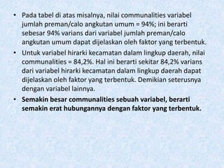 • Pada tabel di atas misalnya, nilai communalities variabel
jumlah preman/calo angkutan umum = 94%; ini berarti
sebesar 94% varians dari variabel jumlah preman/calo
angkutan umum dapat dijelaskan oleh faktor yang terbentuk.
• Untuk variabel hirarki kecamatan dalam lingkup daerah, nilai
communalities = 84,2%. Hal ini berarti sekitar 84,2% varians
dari variabel hirarki kecamatan dalam lingkup daerah dapat
dijelaskan oleh faktor yang terbentuk. Demikian seterusnya
dengan variabel lainnya.
• Semakin besar communalities sebuah variabel, berarti
semakin erat hubungannya dengan faktor yang terbentuk.
 