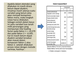 Apabila dalam ekstraksi yang
dilakukan ini masih dirasa
belum dapat diyakini,
misalnya masih adanya suatu
variabel yang belum jelas
akan menjadi komponen
faktor mana, maka langkah
rotasi harus dilakukan.
Sebagai contoh dalam kasus
ini yaitu variabel luas tanah
milik perorangan yang
mempunyai nilai loading
factor pada faktor-1 = +0,579
dan pada faktor-2 = -0,505.
hal ini masih belum dapat
diyakini variabel tersebut
akan masuk dalam
komponen faktor-1 atau
faktor-2. setelah dilakukan
proses rotasi dengan metode
varimax, hasilnya :
 