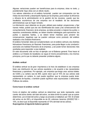 Algunas variaciones pueden ser beneficiosas para la empresa, otras no tanto, y
posiblemente haya otras con un efecto neutro.
Los valores obtenidos en el análisis horizontal, pueden ser comparados con las
metas de crecimiento y desempeño fijadas por la empresa, para evaluar la eficiencia
y eficacia de la administración en la gestión de los recursos, puesto que los
resultados económicos de una empresa son el resultado de las decisiones
administrativas que se hayan tomado.
La información aquí obtenida es de gran utilidad para realizar proyecciones y fijar
nuevas metas, puesto que una vez identificadas las cusas y las consecuencias del
comportamiento financiero de la empresa, se debe proceder a mejorar los puntos o
aspectos considerados débiles, se deben diseñar estrategias para aprovechar los
puntos o aspectos fuertes, y se deben tomar medidas para prevenir las
consecuencias negativas que se puedan anticipar como producto del análisis
realizado a los Estados financieros.
El análisis horizontal debe ser complementado con el análisis vertical y los distintos
Indicadores financieros y/o Razones financieras, para poder llegar a una conclusión
acercada a la realidad financiera de la empresa, y así poder tomar decisiones más
acertadas para responder a esa realidad.
En este documento sólo se hizo el ejemplo con el Balance general. Para hacer el
análisis a un Estado de resultados se sigue el mismo procedimiento y los mismos
principios, por lo que no debería presentar problema alguno.
Análisis vertical
El análisis vertical es de gran importancia a la hora de establecer si una empresa
tiene una distribución de sus activos equitativa y de acuerdo a las necesidades
financieras y operativas. Por ejemplo, una empresa que tenga unos activos totales
de 5.000 y su cartera sea de 800, quiere decir que el 16% de sus activos está
representado en cartera, lo cual puede significar que la empresa pueda tener
problemas de liquidez, o también puede significar unas equivocadas o deficientes
Políticas de cartera.
Como hacer el análisis vertical
Como el objetivo del análisis vertical es determinar que tanto representa cada
cuenta del activo dentro del total del activo, se debe dividir la cuenta que se quiere
determinar, por el total del activo y luego se procede a multiplicar por 100. Si el total
del activo es de 200 y el disponible es de 20, entonces tenemos (20/200)*100 =
10%, es decir que el disponible representa el 10% del total de los activos.
Supongamos el siguiente balance general
 