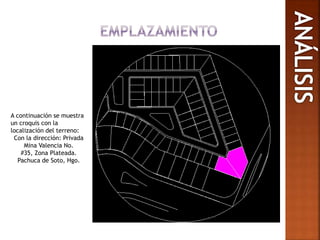 A continuación se muestra
un croquis con la
localización del terreno:
Con la dirección: Privada
Mina Valencia No.
#35, Zona Plateada.
Pachuca de Soto, Hgo.
 
