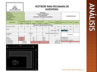 TALLER DISEÑO ARQUITECTÓNICO III
VESTIDOR PARA RECÁMARA DE
HUÉSPEDES
LARGO ANCHO LARGO ANCHO (-MOB)
ESTANTES P/ ROPA 2.00 0.55 2.60 1.15 1.10 1.00 1.10 1.89 2.99 m2
TOTAL 1.10 1.89 2.99
5.23 M2
ACTIVIDAD
ALTURA
AGUA SI NO TIPO
DRENAJE SI NO TIPO
E. ELÉCTRICA SI NO TIPO
ILUMINACIÓN ARTIFICIAL
VENTILACIÓN ARTIFICIALNATURAL SI SI
RED MUNICIPAL
RED MUNICIPAL
LUZ Y FUERZA DEL CENTRO 127 VOLTS
NATURAL SI SI
TOTALES UNIDAD
VESTIDOR P/ RECAMARA DE HUESPEDES
ÁREA TOTAL + 75%
VESTIRSE RELACIÓN INMEDIATA CON:
RECÁMARA2.4
MOBILIARIO
DIMENSIONES DE MOB DIM. DE ÁREA ÚTIL
CANTIDAD
ÁREA DE
MOBILIARIO
ÁREA ÚTIL
SUB-COMPONENTE VESTIDOR P/ RECAMARA DE HUESPEDES
ELEMENTO -------
SUB-ELEMENTO -------
SISTEMA RESIDENCIA
SUB-SISTEMA VIVIENDA HABITACIONAL
COMPONENTE CASA HABITACIÓN
CHAB-RES-035
 
