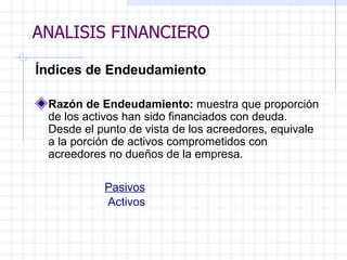 ANALISIS FINANCIERO Índices de Endeudamiento   Razón de Endeudamiento:  muestra que proporción de los activos han sido financiados con deuda. Desde el punto de vista de los acreedores, equivale a la porción de activos comprometidos con acreedores no dueños de la empresa.   Pasivos Activos   ANALISIS FINANCIERO 
