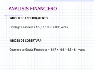 ANALISIS FINANCIERO INDICES DE ENDEUDAMIENTO Leverage Financiero = 179,8 /  186,7  = 0,96 veces   INDICES DE COBERTURA Cobertura de Gastos Financieros =  84,7 + 16,6 / 16,6 = 6,1 veces   ANALISIS FINANCIERO 