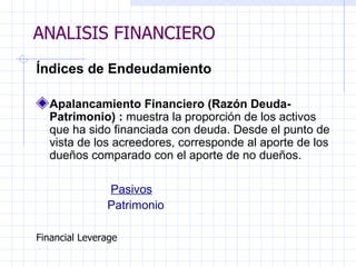 ANALISIS FINANCIERO Índices de Endeudamiento Apalancamiento Financiero  ( Razón Deuda-Patrimonio )  :  muestra  la  proporción de los activos  que  ha sido financiad a  con deuda. Desde el punto de vista de los acreedores, corresponde a l aporte  de los dueños  comparado  con  el aporte de  no dueños .   Pasivos Patrimonio   Financial Leverage   ANALISIS FINANCIERO 