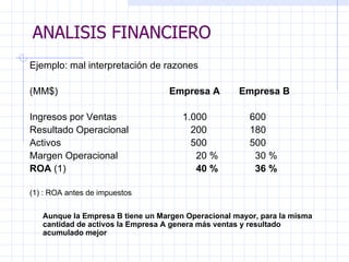 ANALISIS FINANCIERO Ejemplo: mal interpretación de razones    (MM$)  Empresa A Empresa B   Ingresos por Ventas    1.000   600 Resultado Operacional    200   180 Activos   500   500 Margen Operacional   20 %   30 % ROA  (1)    40 %   36 %    (1)   : ROA antes de impuestos    Aunque la Empresa B tiene un Margen Operacional mayor, para la misma cantidad de activos la Empresa A genera más ventas y resultado acumulado mejor ANALISIS FINANCIERO 