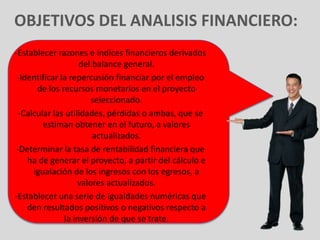 OBJETIVOS DEL ANALISIS FINANCIERO:
-Establecer razones e índices financieros derivados
                    del balance general.
 -Identificar la repercusión financiar por el empleo
       de los recursos monetarios en el proyecto
                        seleccionado.
  -Calcular las utilidades, pérdidas o ambas, que se
         estiman obtener en el futuro, a valores
                        actualizados.
 -Determinar la tasa de rentabilidad financiera que
    ha de generar el proyecto, a partir del cálculo e
      igualación de los ingresos con los egresos, a
                    valores actualizados.
-Establecer una serie de igualdades numéricas que
    den resultados positivos o negativos respecto a
               la inversión de que se trate.
 