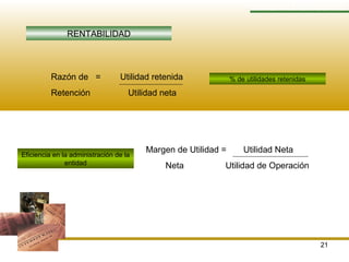 21
RAZONES FINANCIERAS
RENTABILIDAD
Razón de = Utilidad retenida
Retención Utilidad neta
Margen de Utilidad = Utilidad Neta
Neta Utilidad de Operación
% de utilidades retenidas
Eficiencia en la administración de la
entidad
 