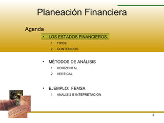 3
Planeación Financiera
Agenda
• LOS ESTADOS FINANCIEROS.
1. TIPOS
2. CONTENIDOS
• MÉTODOS DE ANÁLISIS
1. HORIZONTAL
2. VERTICAL
• EJEMPLO: FEMSA
1. ANALISIS E INTEPRETACIÓN
 
