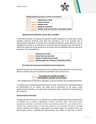 Análisis Financiero
GC-F -005 V. 01
Apalancamiento Operativo, Costos Fijos y Variables
El costo fijo de ventas y los gastos de operación pueden agruparse en costos fijos y costos
variables; entonces tomando como base este concepto y, con el fin visualizar que el
apalancamiento operativo es función de la actividad empresarial, puede definirse como la
capacidad de la firma en la utilización de los costos fijos de operación para incrementar al
máximo los efectos de las fluctuaciones en las ventas sobre las utilidades antes de intereses e
impuestos. Estos equivaldrían a:
Porcentaje de Fluctuaciones del Apalancamiento Operativo
Donde quiera que haya costos operativos existe el apalancamiento operativo y otra forma de
definirlo y explicar por qué es función de la actividad se da al analizar esto:
UAII: Utilidad antes de intereses e impuestos, se conoce también como utilidad operacional
Y se explica que si el porcentaje de fluctuaciones en UAII, resultante de un porcentaje dado de
las fluctuaciones en las ventas, sea mayor que el porcentaje en las ventas, existe
apalancamiento operativo. Los costos fijos de operación altos, aumentan el apalancamiento
de la empresa.
Apalancamiento Financiero
El apalancamiento financiero es un indicador del nivel de endeudamiento de una organización
en relación con su activo o patrimonio. Consiste en utilizar algún mecanismo (como
deuda) para aumentar la cantidad de dinero que podemos destinar a una inversión. Es la
relación entre capital propio y el realmente utilizado en una operación financiera. Se mide
como la relación entre deuda a largo plazo más capital propio. Se considera como una
herramienta, técnica o habilidad del administrador, para utilizar el costo por el interés
 
