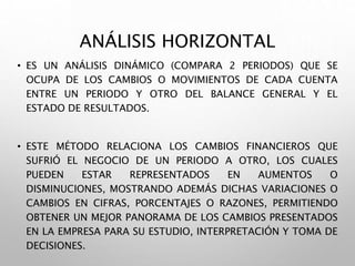 ANÁLISIS HORIZONTAL
• ES UN ANÁLISIS DINÁMICO (COMPARA 2 PERIODOS) QUE SE
OCUPA DE LOS CAMBIOS O MOVIMIENTOS DE CADA CUENTA
ENTRE UN PERIODO Y OTRO DEL BALANCE GENERAL Y EL
ESTADO DE RESULTADOS.
• ESTE MÉTODO RELACIONA LOS CAMBIOS FINANCIEROS QUE
SUFRIÓ EL NEGOCIO DE UN PERIODO A OTRO, LOS CUALES
PUEDEN ESTAR REPRESENTADOS EN AUMENTOS O
DISMINUCIONES, MOSTRANDO ADEMÁS DICHAS VARIACIONES O
CAMBIOS EN CIFRAS, PORCENTAJES O RAZONES, PERMITIENDO
OBTENER UN MEJOR PANORAMA DE LOS CAMBIOS PRESENTADOS
EN LA EMPRESA PARA SU ESTUDIO, INTERPRETACIÓN Y TOMA DE
DECISIONES.
 