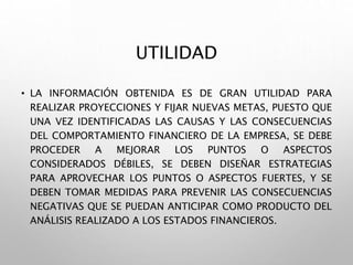 UTILIDAD
• LA INFORMACIÓN OBTENIDA ES DE GRAN UTILIDAD PARA
REALIZAR PROYECCIONES Y FIJAR NUEVAS METAS, PUESTO QUE
UNA VEZ IDENTIFICADAS LAS CAUSAS Y LAS CONSECUENCIAS
DEL COMPORTAMIENTO FINANCIERO DE LA EMPRESA, SE DEBE
PROCEDER A MEJORAR LOS PUNTOS O ASPECTOS
CONSIDERADOS DÉBILES, SE DEBEN DISEÑAR ESTRATEGIAS
PARA APROVECHAR LOS PUNTOS O ASPECTOS FUERTES, Y SE
DEBEN TOMAR MEDIDAS PARA PREVENIR LAS CONSECUENCIAS
NEGATIVAS QUE SE PUEDAN ANTICIPAR COMO PRODUCTO DEL
ANÁLISIS REALIZADO A LOS ESTADOS FINANCIEROS.
 