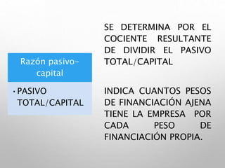 Razón pasivo-
capital
•PASIVO
TOTAL/CAPITAL
SE DETERMINA POR EL
COCIENTE RESULTANTE
DE DIVIDIR EL PASIVO
TOTAL/CAPITAL
INDICA CUANTOS PESOS
DE FINANCIACIÓN AJENA
TIENE LA EMPRESA POR
CADA PESO DE
FINANCIACIÓN PROPIA.
 