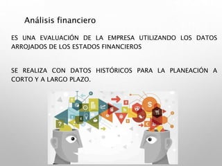 ES UNA EVALUACIÓN DE LA EMPRESA UTILIZANDO LOS DATOS
ARROJADOS DE LOS ESTADOS FINANCIEROS
SE REALIZA CON DATOS HISTÓRICOS PARA LA PLANEACIÓN A
CORTO Y A LARGO PLAZO.
ESTADOS FINANCIEROS
Análisis financiero
 