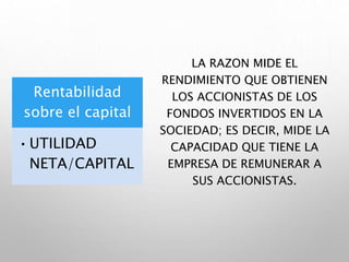 Rentabilidad
sobre el capital
•UTILIDAD
NETA/CAPITAL
LA RAZON MIDE EL
RENDIMIENTO QUE OBTIENEN
LOS ACCIONISTAS DE LOS
FONDOS INVERTIDOS EN LA
SOCIEDAD; ES DECIR, MIDE LA
CAPACIDAD QUE TIENE LA
EMPRESA DE REMUNERAR A
SUS ACCIONISTAS.
 