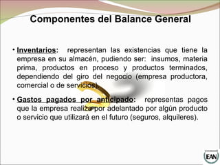 Componentes del Balance General
• Inventarios: representan las existencias que tiene la
empresa en su almacén, pudiendo ser: insumos, materia
prima, productos en proceso y productos terminados,
dependiendo del giro del negocio (empresa productora,
comercial o de servicios).
• Gastos pagados por anticipado: representas pagos
que la empresa realiza por adelantado por algún producto
o servicio que utilizará en el futuro (seguros, alquileres).
 
