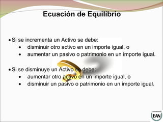  Si se incrementa un Activo se debe:
 disminuir otro activo en un importe igual, o
 aumentar un pasivo o patrimonio en un importe igual.
 Si se disminuye un Activo se debe:
 aumentar otro activo en un importe igual, o
 disminuir un pasivo o patrimonio en un importe igual.
Ecuación de Equilibrio
 