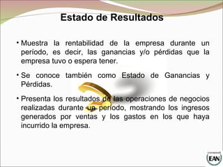 Estado de Resultados
• Muestra la rentabilidad de la empresa durante un
período, es decir, las ganancias y/o pérdidas que la
empresa tuvo o espera tener.
• Se conoce también como Estado de Ganancias y
Pérdidas.
• Presenta los resultados de las operaciones de negocios
realizadas durante un período, mostrando los ingresos
generados por ventas y los gastos en los que haya
incurrido la empresa.
 